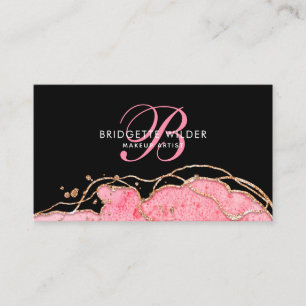 Pink Gold Marble Agate Black Makeup Artist  Business Card