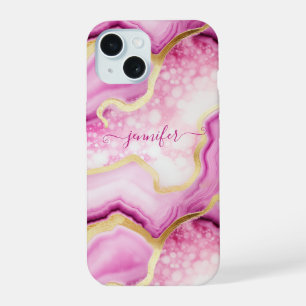 Pink Gold Marble Agate Geode Monogrammed Chic iPhone 15 Case