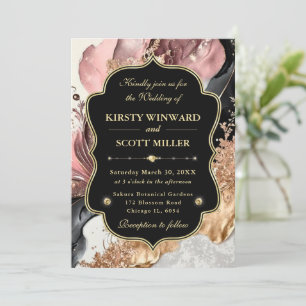 Pink Gold Marble Floral Elegant Wedding Invitation