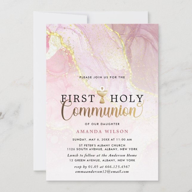 Pink & Gold Marble Girl First Holy Communion  Invitation (Front)