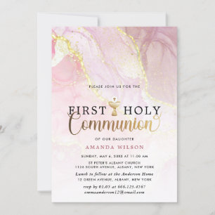 Pink & Gold Marble Girl First Holy Communion  Invitation