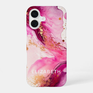 pink gold marble glitter personalised name iPhone 16 case