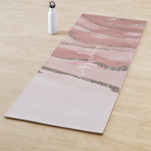 Pink Gold Marble Monogram Calligraphy Script Name Yoga Mat