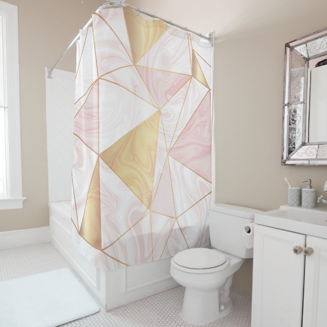Pink & Gold Marble Poly Geometric Triangles Shower Curtain (In Situ)