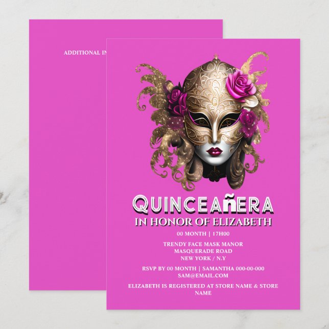 Pink gold masquerade quinceanera birthday elegant invitation (Front/Back)