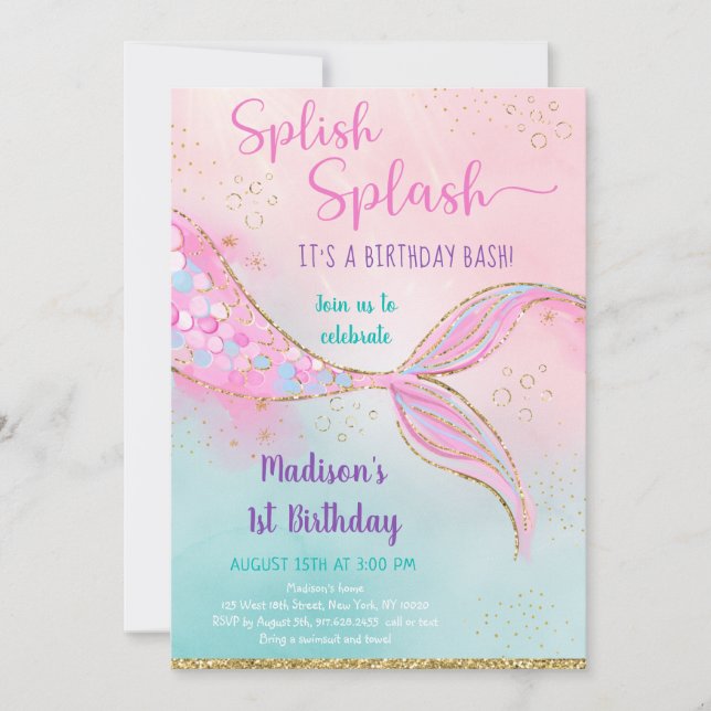 Pink Gold Mermaid Birthday Invitation (Front)