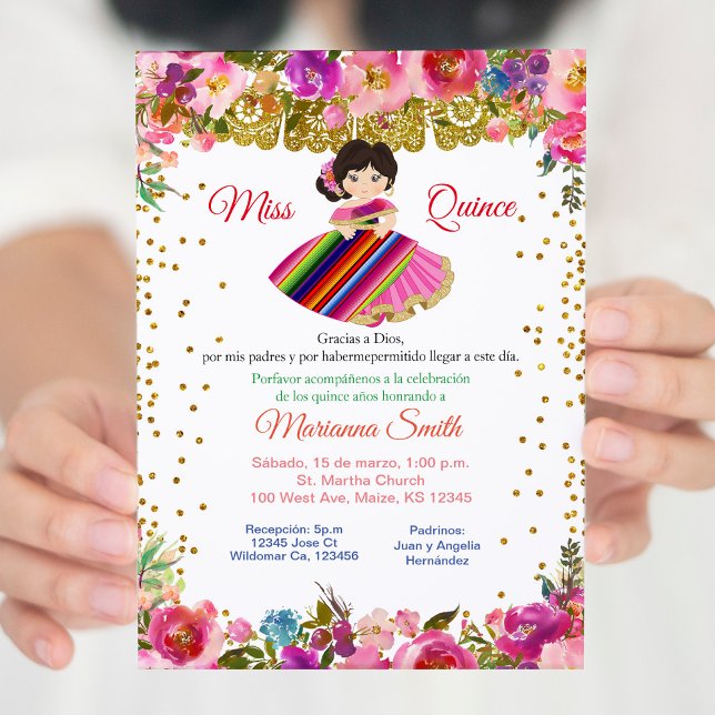 Pink & gold Miss Quinceañera Mexican Invitation (Creator Uploaded)