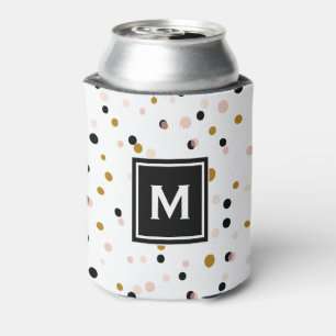 Pink & Gold Modern Confetti Dots Pattern Monogram Can Cooler