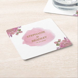 Pink Gold Modern Elegant Floral Watercolor Wedding Square Paper Coaster