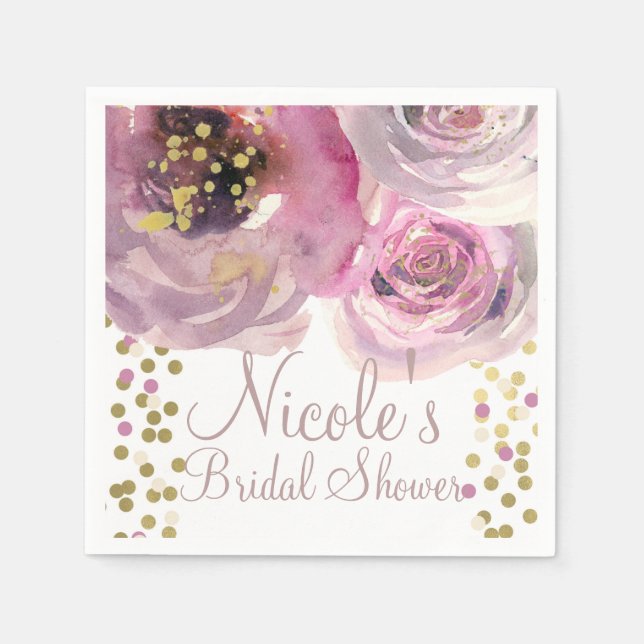 Pink & Gold Modern Floral Watercolor Bridal Shower Napkin (Front)