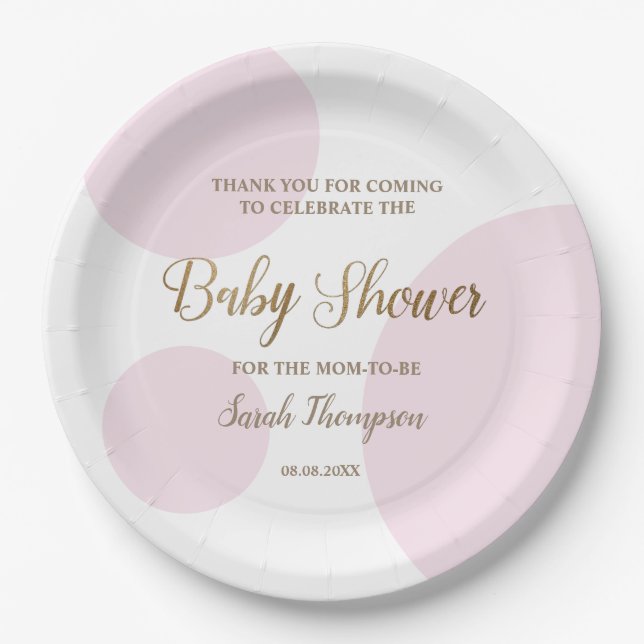 Pink Gold Modern Polkadot baby shower Paper Plate (Front)