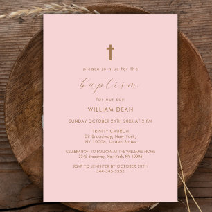 Pink & Gold Modern Script Boho Cross Baptism Invitation
