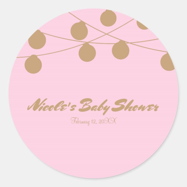 Pink & Gold Modern String Lights Party Favour Classic Round Sticker (Front)