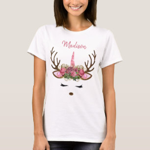 Pink & Gold Monogram Christmas Unicorn Reindeer T-Shirt