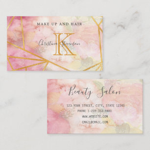 Pink Gold Monogram Floral Makeup Artist Hair Salon Business Card