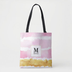 Pink & Gold Monogram Striped Tote Bag