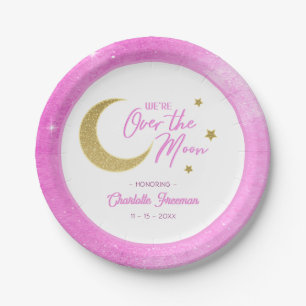 Pink Gold Moon & Stars Over the Moon Baby Shower Paper Plate