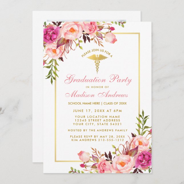 Pink Gold Nurse Grad Party Invite - Back Photo (Front/Back)