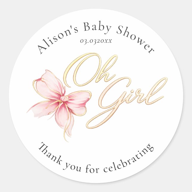 Pink & Gold “Oh Girl” Gold Typography Baby Shower Classic Round Sticker (Front)