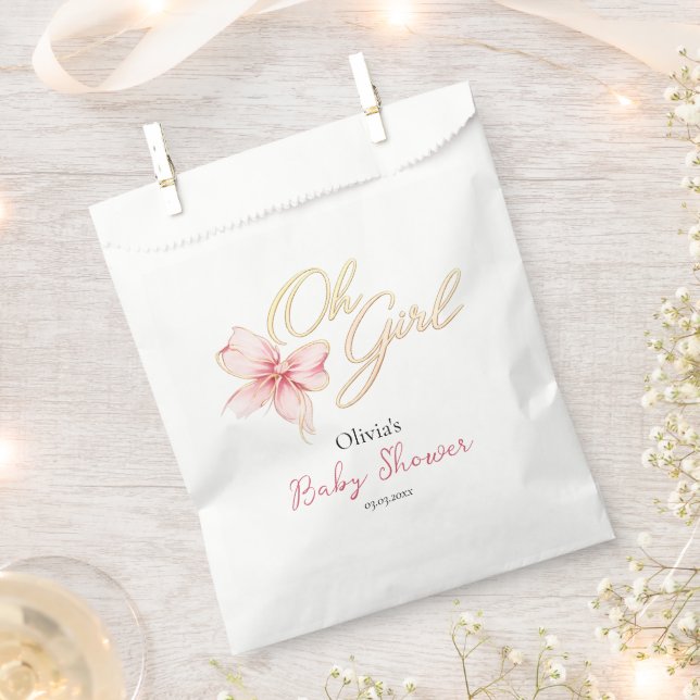 Pink & Gold “Oh Girl” Gold Typography Baby Shower Favour Bags (Clipped)