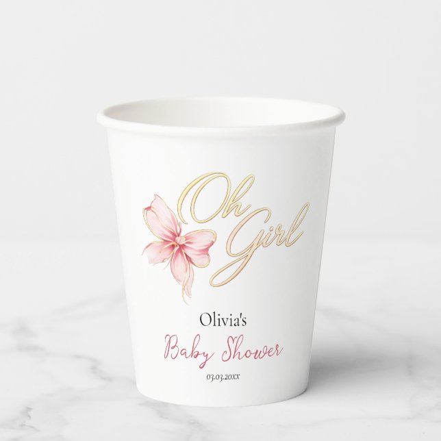 Pink & Gold “Oh Girl” Gold Typography Baby Shower Paper Cups (Back)