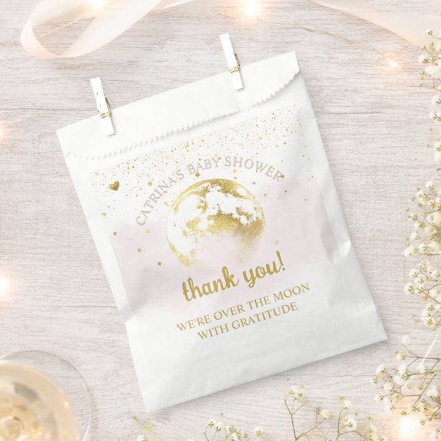 Pink Gold Over the Moon and Stars Baby Shower Favour Bags (Clipped)