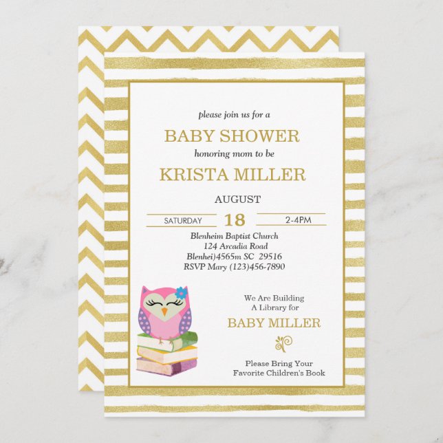Pink Gold Owl Bring A Book Baby Shower   Invitation (Front/Back)