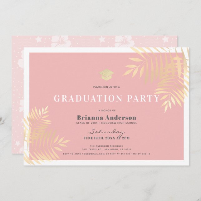Pink Gold Palm Tree Tropical Graduation Party Invitation (Front/Back)