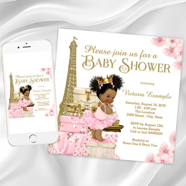 Pink Gold Paris Afro Princess Baby Shower Invitation (Girl Paris baby shower invitation. Instant download and printed invitations available.)