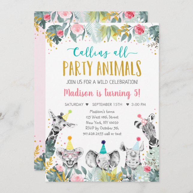 Pink Gold Party Animal Safari Birthday Invitation (Front/Back)