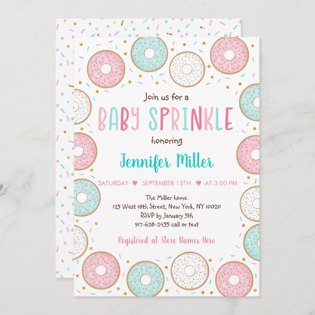 Pink Gold Pastel Doughnut Baby Sprinkle Invitation (Front/Back)