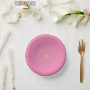 Pink Gold Peace Sign Heart  Paper Plate