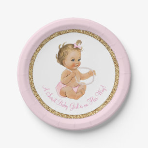 Pink Gold Pearl Girl Baby Shower Paper Plate