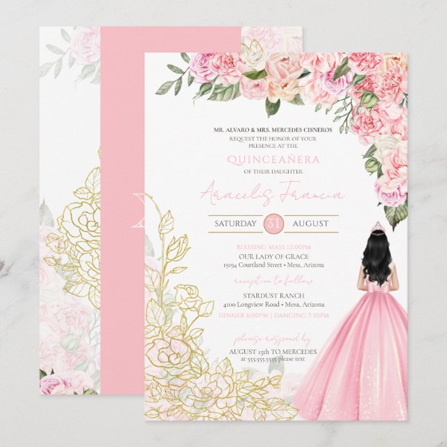 Pink & Gold Peonies Floral Quinceanera Elegant Invitation (Front/Back)
