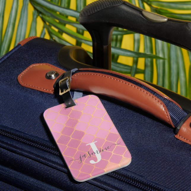 Pink Gold Personalised Girl's Luggage Tag (Front Insitu 1)