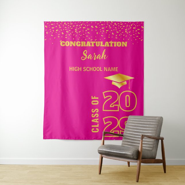 Pink & Gold Personalised Graduation Party Custom Tapestry (In Situ)