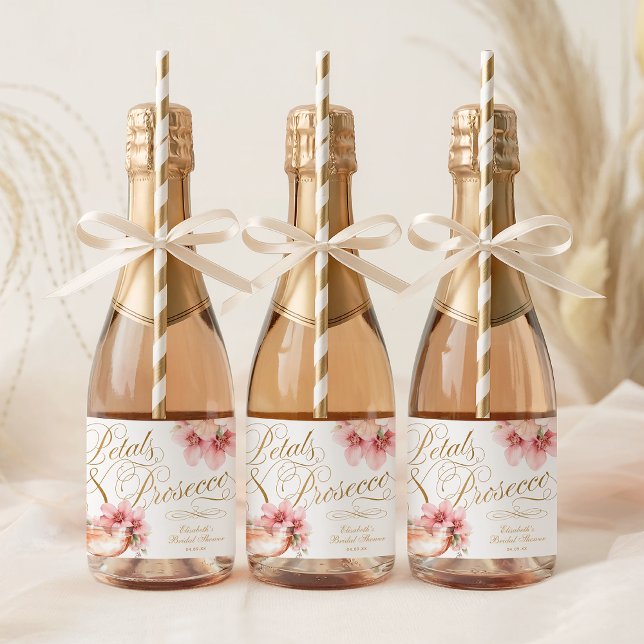 Pink Gold Petals and Prosecco Bridal Shower Sparkling Wine Label (Pink Gold Petals and Prosecco Bridal Shower Sparkling Wine Label)