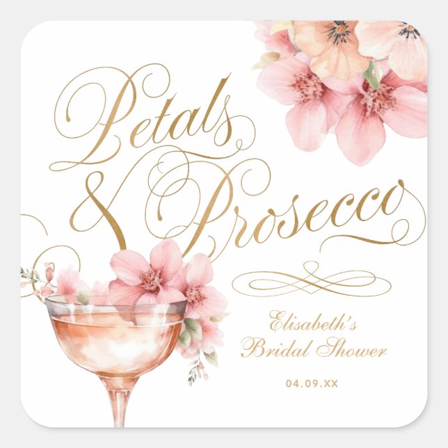 Pink Gold Petals and Prosecco Bridal Shower Square Sticker (Front)