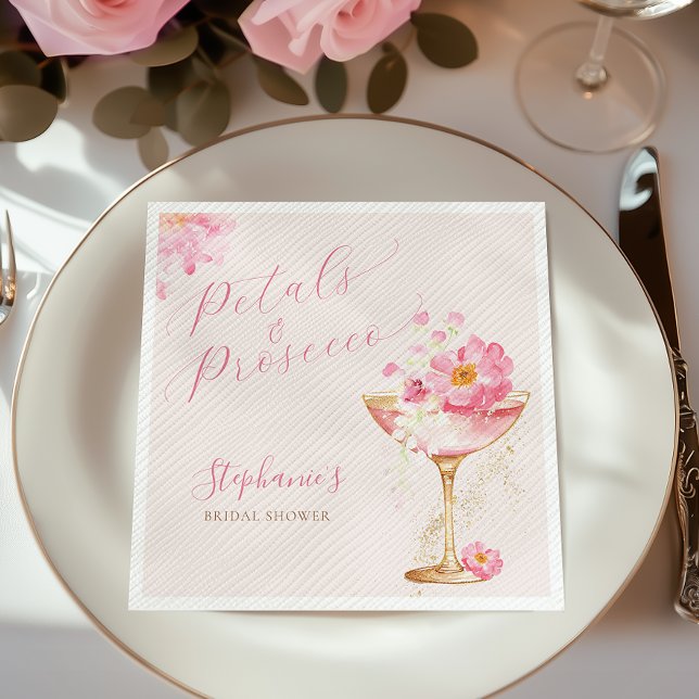 Pink Gold Petals and Prosecco Floral Bridal Shower Napkin (Creator Uploaded)