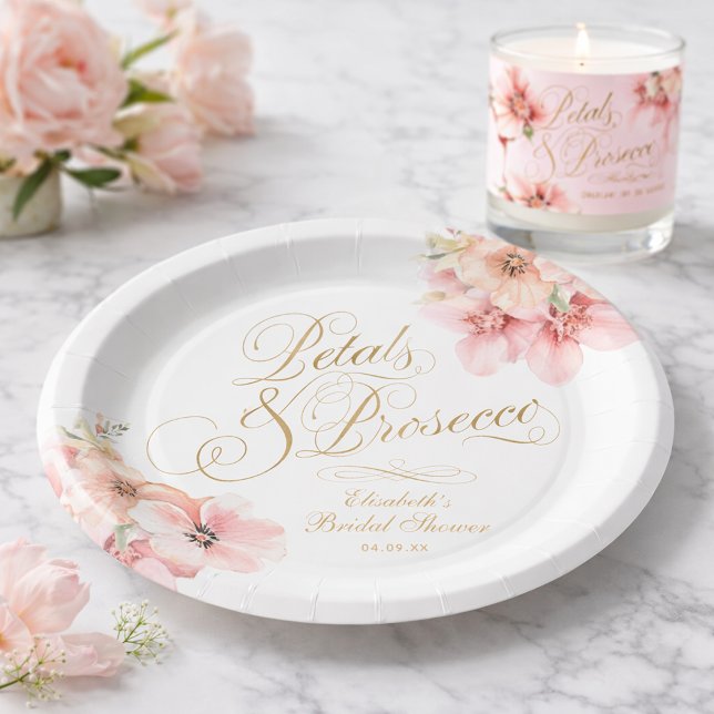 Pink Gold Petals & Prosecco  Paper Plate (Elegant White Pink Gold Floral Petals & Prosecco Paper Plates)