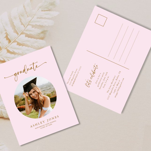 Pink & Gold Photo Graduate Graduation Invitation Postcard (Creator Uploaded)