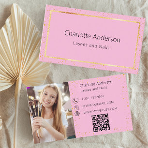 Pink gold photo modern QR code Business Card