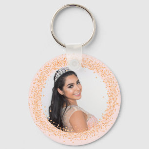 Pink gold photo sparkles girl key ring