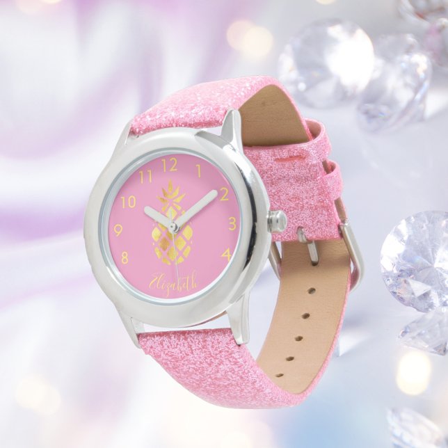 Pink gold pineapple name script tropical girl watch (Creator Uploaded)