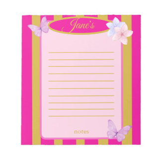 Pink & Gold Pinstripes Butterfly Floral Notepad