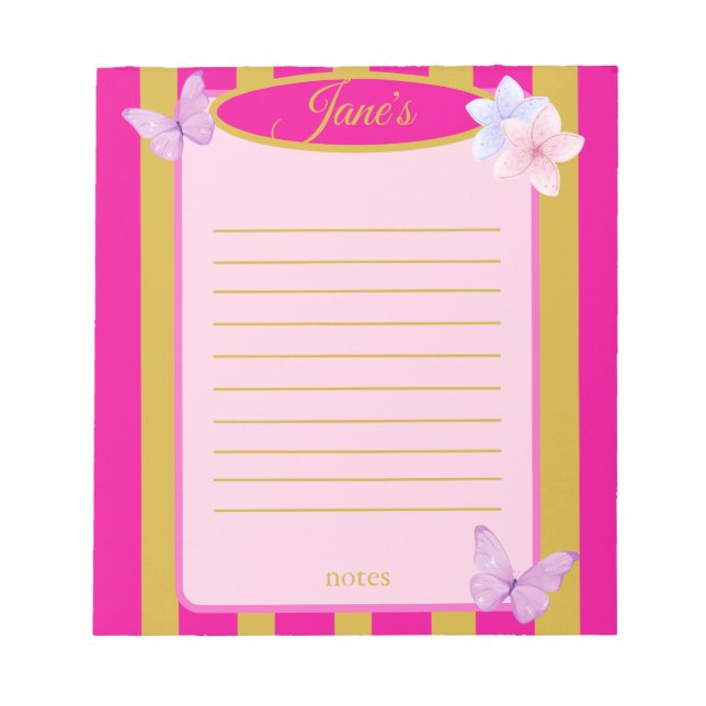 Pink & Gold Pinstripes Butterfly Floral  Notepad (Front)