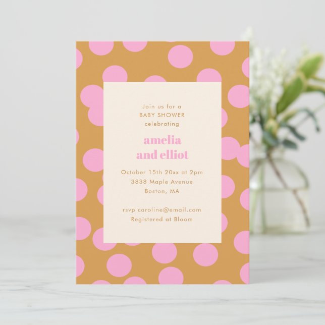 Pink Gold Polka Dot Retro Mod Couples Baby Shower Invitation (Standing Front)