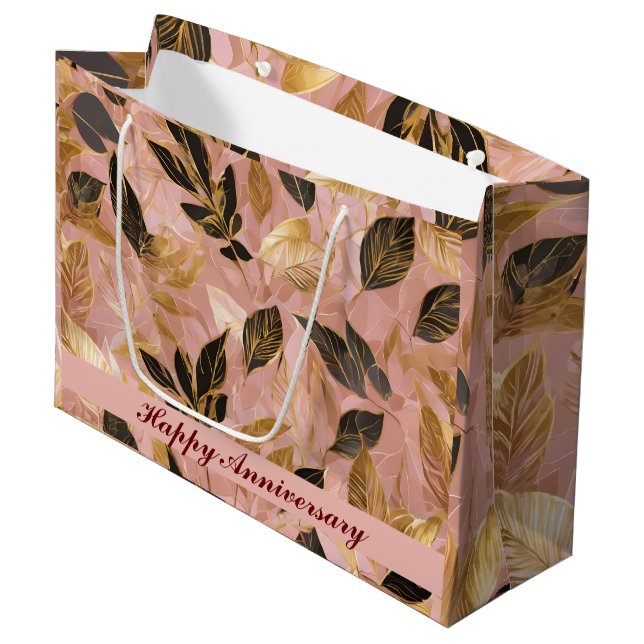 Pink Gold Popular Boho Leaves Collection Large Gift Bag (Front Angled)