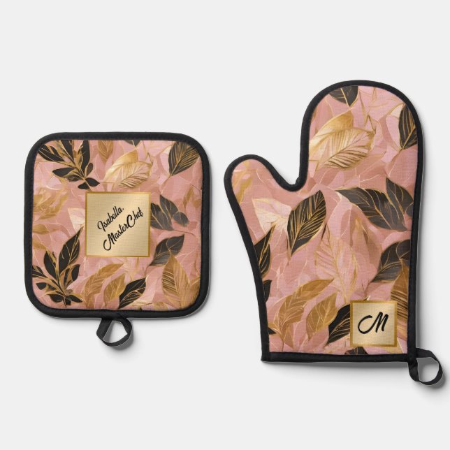 Pink Gold Popular Boho Leaves Collection Oven Mitt & Pot Holder Set (Front)