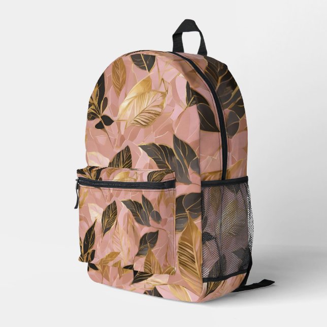 Pink Gold Popular Boho Leaves Collection Printed Backpack (Back Corner Right)